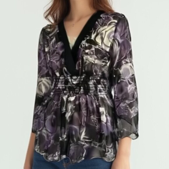 Reitmans Tops - NWT Reitmans Purple Floral Smocked Blouse Size M Sheer V-Neck Peplum Top